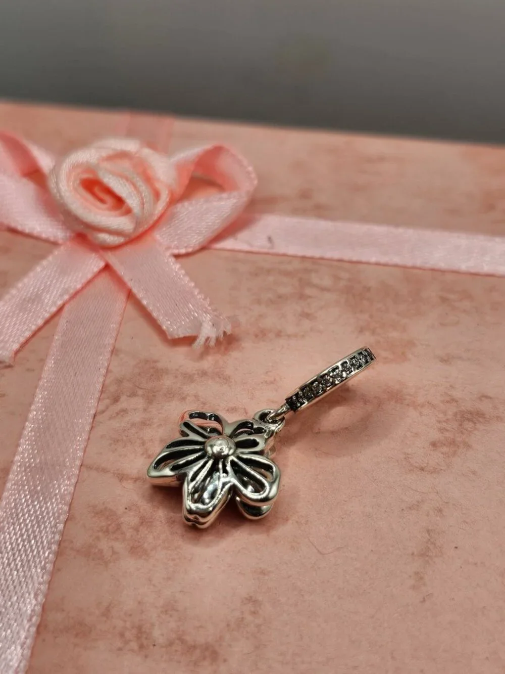 Sterling Silver 925 Rhodium Plated CZ Dangling Cherry Blossom Charm